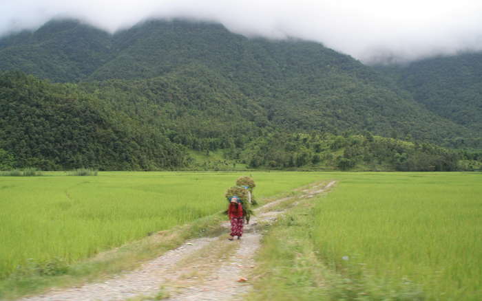 Una Nepali porteando arroz